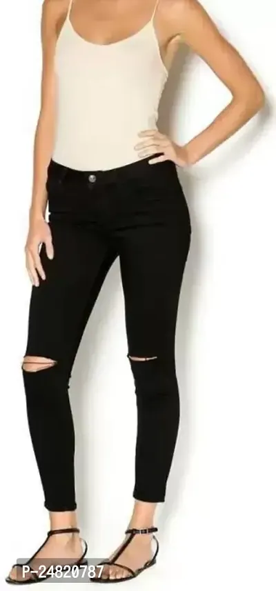 Slim Women Black Knee Cut Jeans 1 Button-thumb3