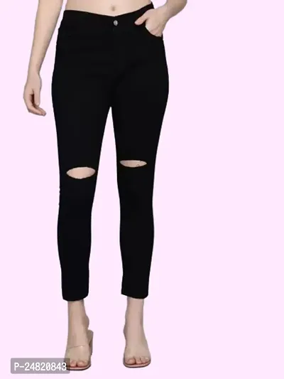 Slim Women Black Knee Cut Jeans 1 Button-thumb0