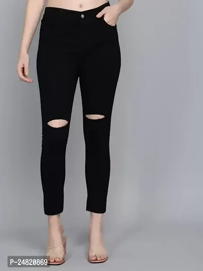 Regular Women Black Knee Cut Jeans 1 Button-thumb0