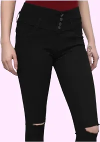 Fashion Women Black Knee Cut Jeans 1 Button-thumb2