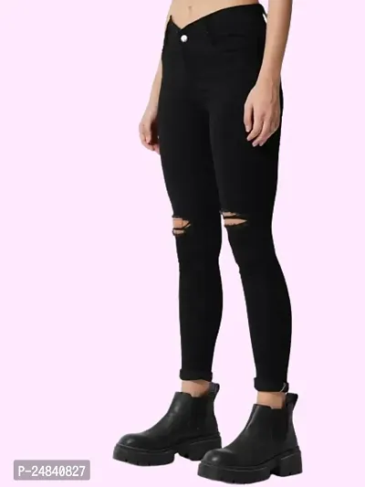 Slim Women Black Knee Cut Jeans 1 Button-thumb3