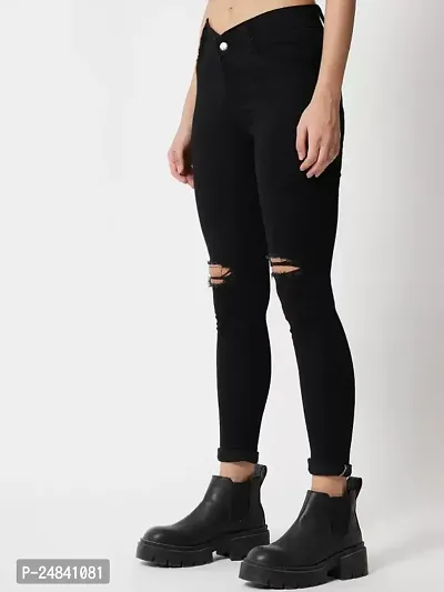 Regular Women Black Knee Cut Jeans 1 Button-thumb3