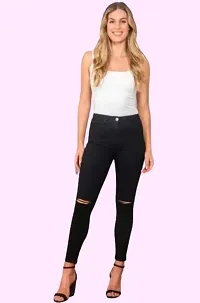 Fashion Women Black Knee Cut Jeans 1 Button-thumb2