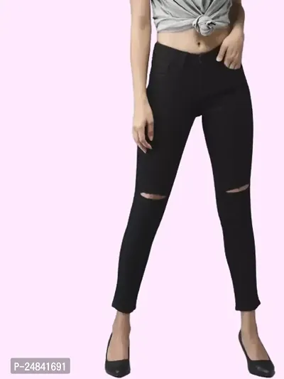 Slim Women Black Knee Cut Jeans 1 Button