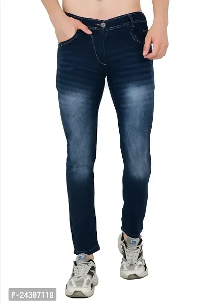 Stylish Blue Cotton Blend Printed Mid-Rise Jeans For Men