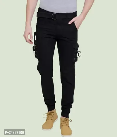 Stylish Black Cotton Blend Solid Mid-Rise Cargo For Men-thumb0