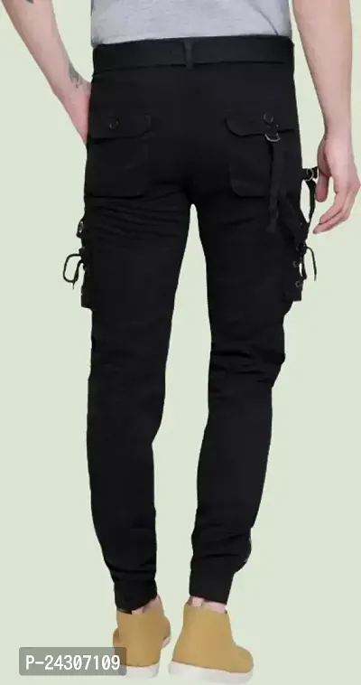 Stylish Black Cotton Blend Solid Mid-Rise Cargo For Men-thumb2