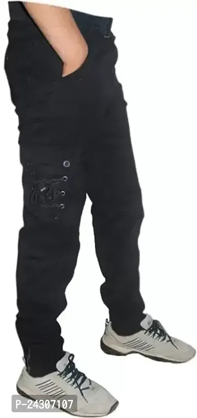 Stylish Black Cotton Blend Solid Mid-Rise Cargo For Men-thumb3