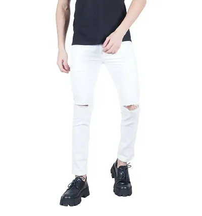 Men Slim White Plain Jeans