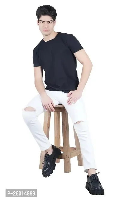 Men White Knee Cut Jeans-thumb3