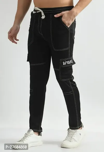 Stylish Linen Blend Black Solid Cargo Track Pants For Men-thumb0