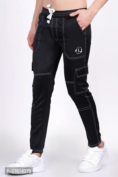 Stylish Linen Blend Black Solid Cargo Track Pants For Men