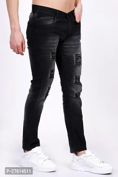 Stylish Cotton Blend Black Distress Jeans For Men-thumb0