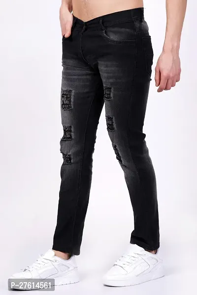 Stylish Cotton Blend Black Distress Jeans For Men