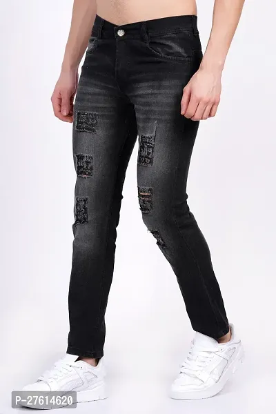 Stylish Cotton Blend Black Distress Jeans For Men