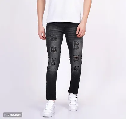 Stylish Cotton Blend Grey Distress Jeans For Men