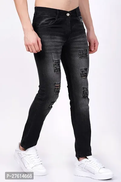 Stylish Cotton Blend Grey Distress Jeans For Men-thumb0