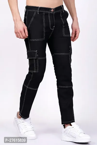 Stylish Cotton Blend Black Cargo Jeans For Men-thumb0