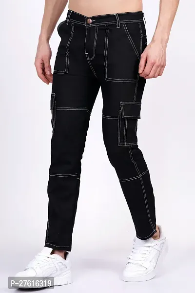 Stylish Cotton Blend Black Cargo Jeans For Men-thumb0