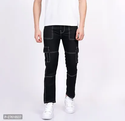 Stylish Cotton Blend Black Cargo Jeans For Men-thumb0