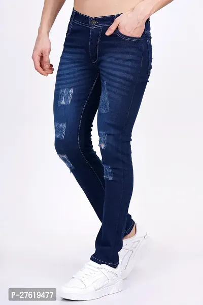 Stylish Cotton Blend Blue Distress Jeans For Men