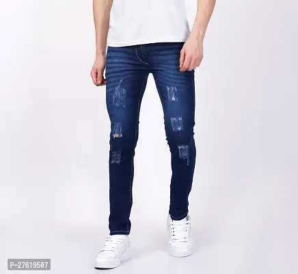 Stylish Cotton Blend Blue Distress Jeans For Men-thumb0