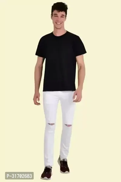 Jeancherry Tapered Fit Denim White Knee Cut Jeans-thumb2