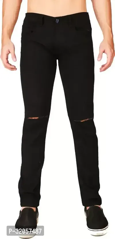 Jeancherry Tapered Fit Denim Black Knee Cut Jeans-thumb0