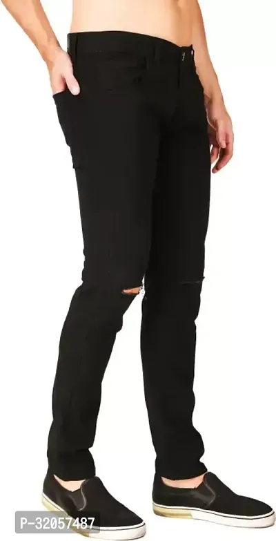 Jeancherry Tapered Fit Denim Black Knee Cut Jeans-thumb2