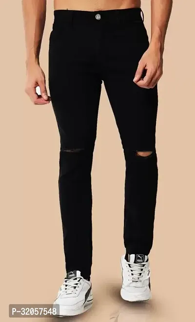 Comfits Regular Fit Denim Black Knee Cut Jeans-thumb0