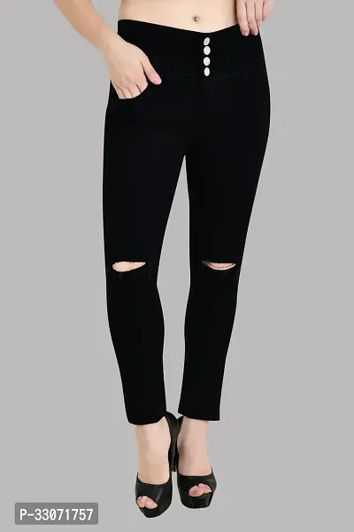 Jeancherry Straight Fit Denim Women Black Knee Cut Jeans