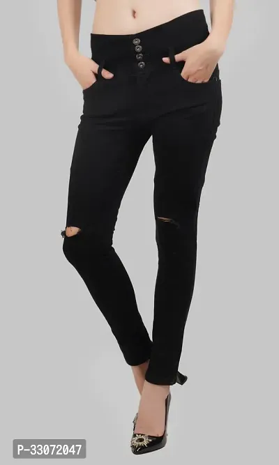 Comfits Slim Fit Denim Women Black Knee Cut Jeans-thumb0