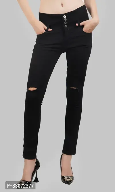 Comfits Slim Fit Denim Women Black Knee Cut Jeans-thumb0