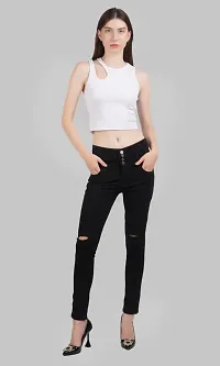 Comfits Slim Fit Denim Women Black Knee Cut Jeans-thumb2