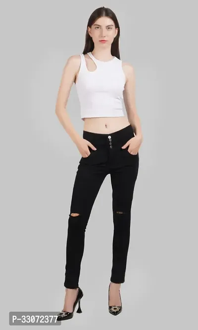 Comfits Slim Fit Denim Women Black Knee Cut Jeans-thumb3