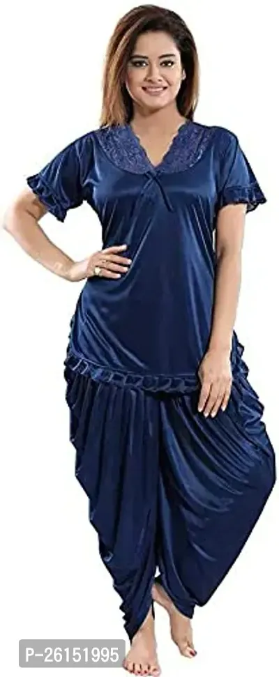 Comfortable Navy Blue Satin Nighty For Women-thumb0