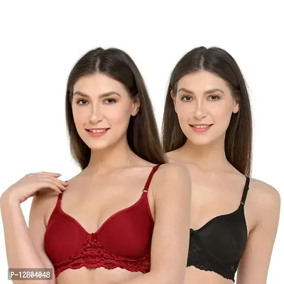 Deevaz Combo of 2 Maroon and Black Coloured Spacer Moulded Cup Non-Wired Full Coverage Lace Bras. (36C)