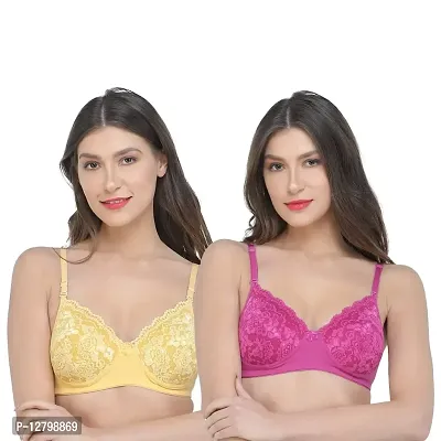 Deevaz Combo of 2 Non-Wired Padded Full Coverage Bra in Pink  Yellow Colour with lace Detailing. (36B)
