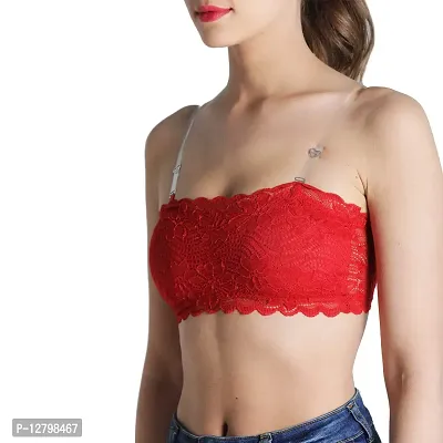 Deevaz Combo of 3 Padded Tube Bra in Red, Black  White Poly-Lace Fabric with Removable Transparent Straps-thumb4