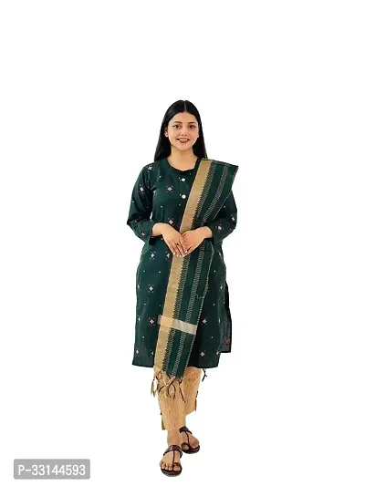 Stylish Green Cotton Printed Kurta Bottom and Dupatta Set For Women-thumb0