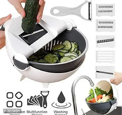 9 in 1 Multifunction Magic Rotate Vegetable Cutter with Drain Basket Large Capacity Chopper Veggie Shredder Grater Portable Potato Slicer with Blades (Polypropylene)