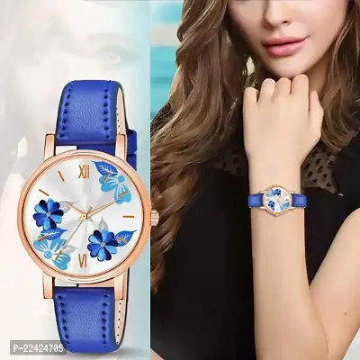 Blue Exclusive Stylish Flower Dial And Designer Leather Strap watch for women-thumb0