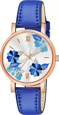 Blue Exclusive Stylish Flower Dial And Designer Leather Strap watch for women-thumb1