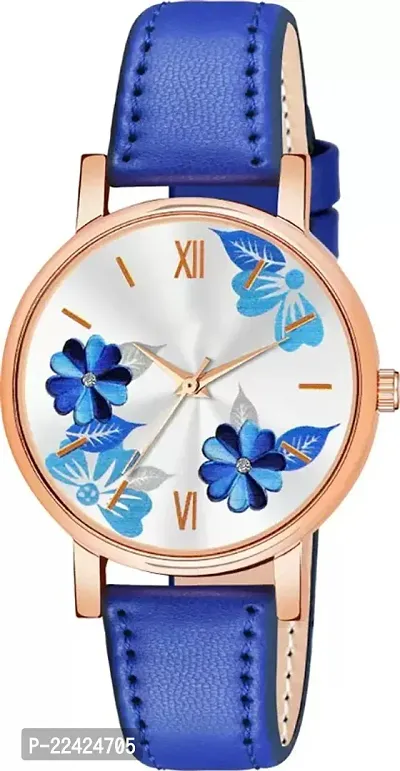 Blue Exclusive Stylish Flower Dial And Designer Leather Strap watch for women-thumb2