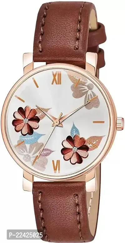 Brown Exclusive Stylish Flower Dial And Designer Leather Strap watch for women-thumb0