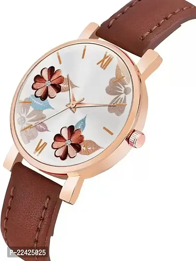 Brown Exclusive Stylish Flower Dial And Designer Leather Strap watch for women-thumb3