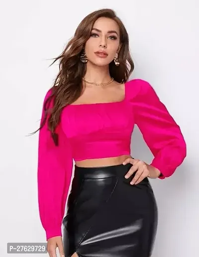 Ruched Bust Lantern Trendy Sleeve Crop Pink Satin Top-thumb0