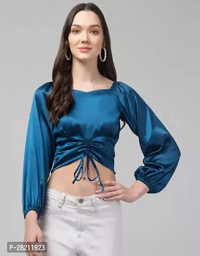 Culpi Satin Crop Top Full Sleeve With Frot Lace Details Black-thumb0