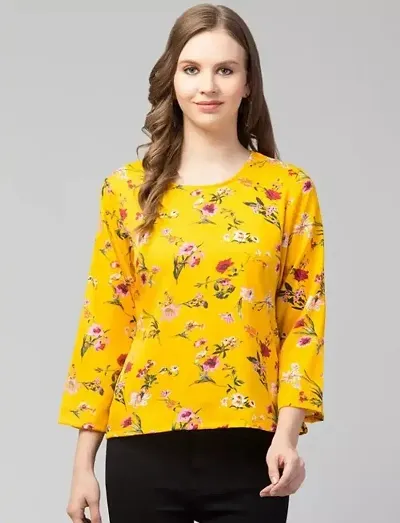 Round Neck Floral Print with Full Sleeve Regular top for Women (X-Large, Yellow)