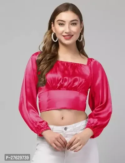 Ruched Bust Lantern Trendy Sleeve Crop Pink Satin Top-thumb0
